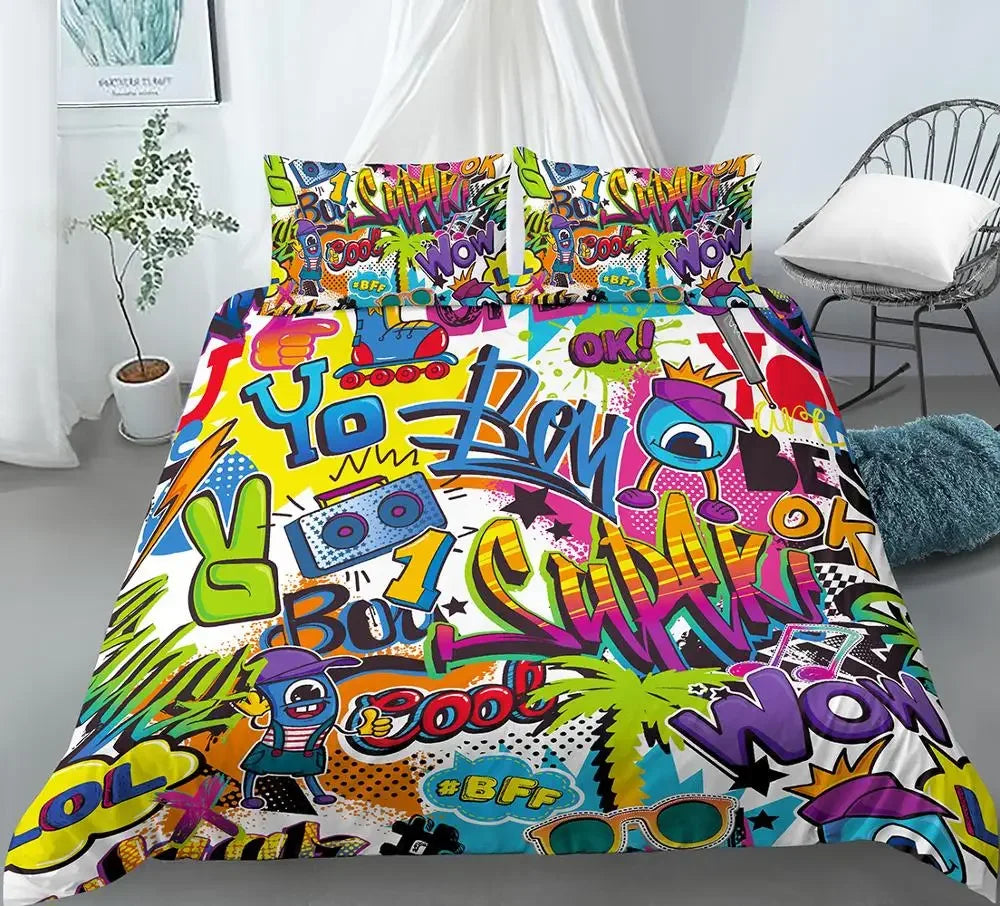 Hip Hop Decor Duvet Cover Colorful Bedspreads Cover Graffiti Pattern Street Culture Theme Decor Bedding Set for Adult Kids Teen