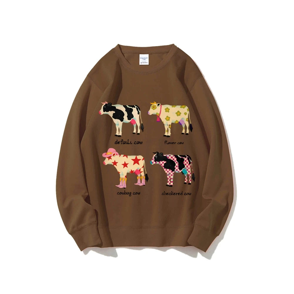 Cute Cow Print Sweater Women's Fashion Casual Crew Neck Pure Cotton Sweatshirt Long Sleeve Warm High Quality Street Wear