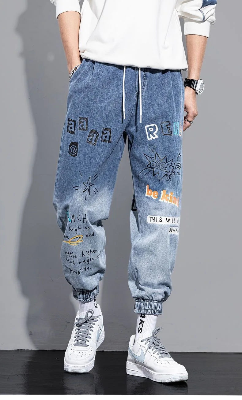 Graffiti Printing Jeans Men's Gradient Hip Hop Trousers Harem Cartoon Loose Casual Ankle Banded Pants Cargo Denim Jeans Fashion