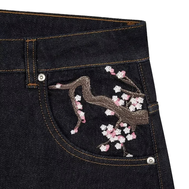 Y2K Harajuku jeans Goth vintage plum blossom embroidery pattern wide leg pants men women denim fabric American style street wear