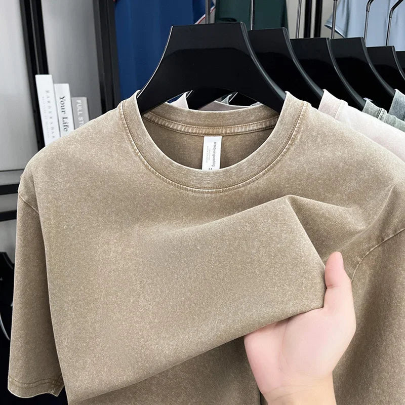 American Style Retro Heavyweight Solid Color Short Sleeved T-shirt Men Women Summer Street Trendy Washed Old Oversized Clothes