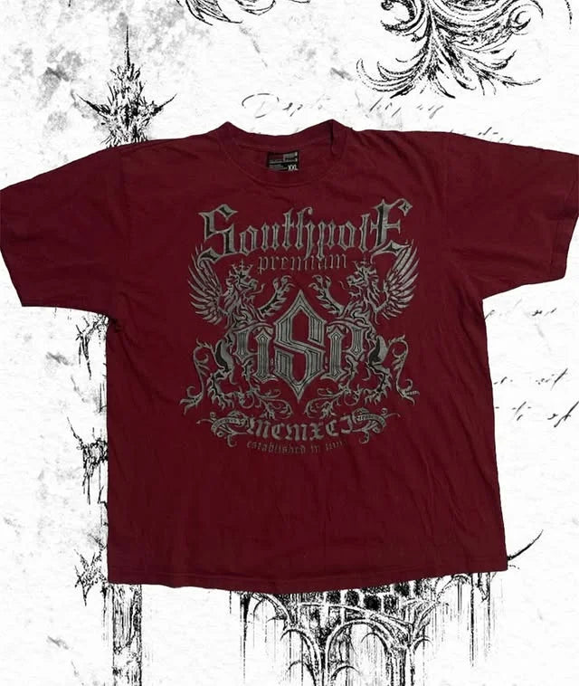 Red Southpole Graffiti T-Shirt Mens Urban Streetwear Art Bold Vintage Distressed Style Tops Hip-Hop American Women Casual Wear