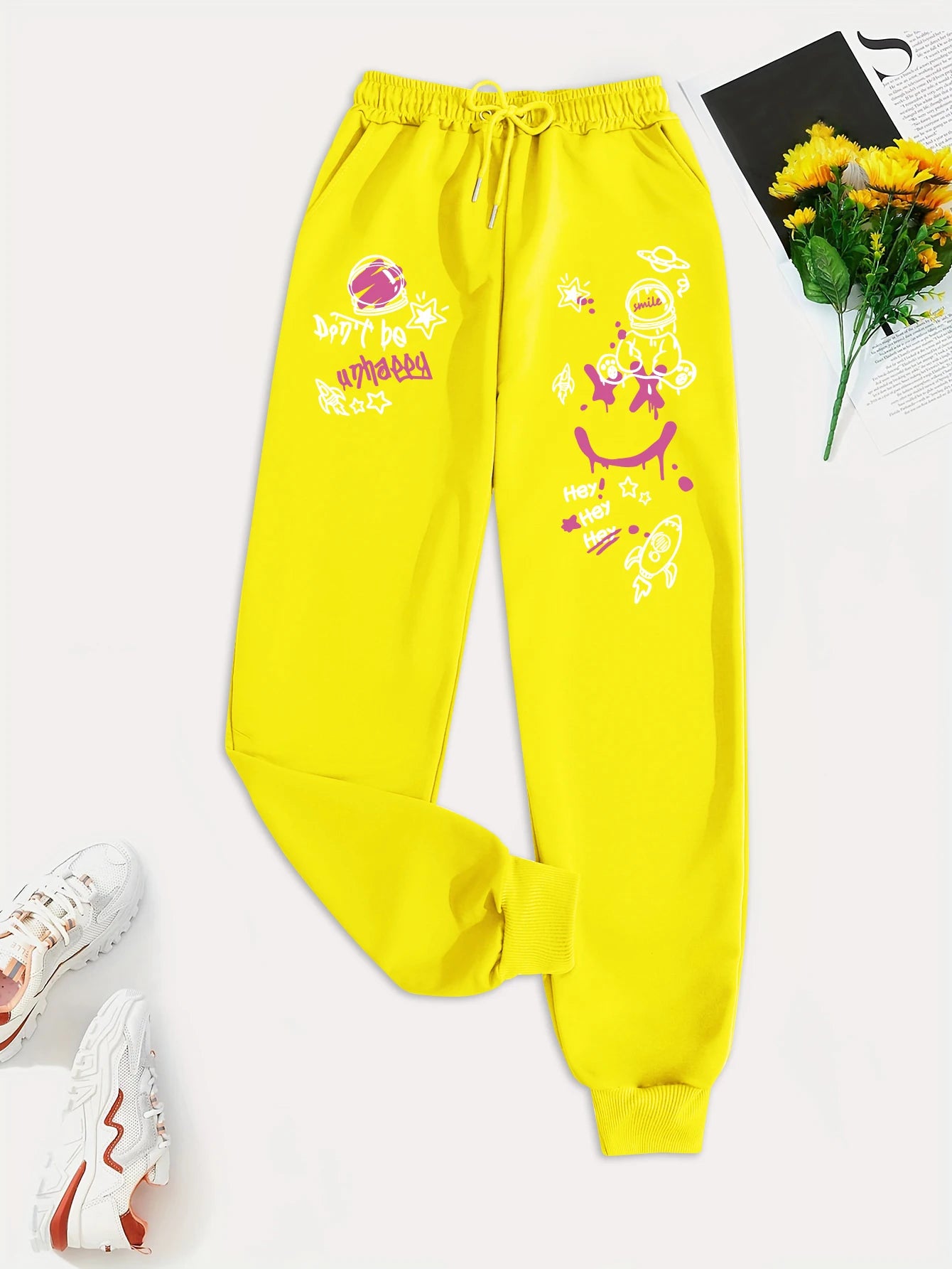 Women's Casual Graffiti Printed Sweatpants For Everyday Wear Versatile Pocket Drawstring Trendy Street Pant Female Autumn Winter