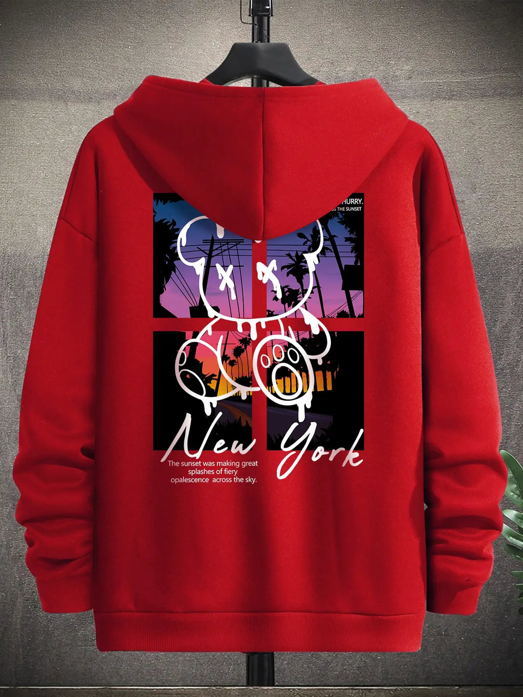 New York Art Word Cartoon Bear Sunset Scenery Design Male Clothing Hip Hop Street Hoodies All-Match Pocket Pullovers Men Hoody