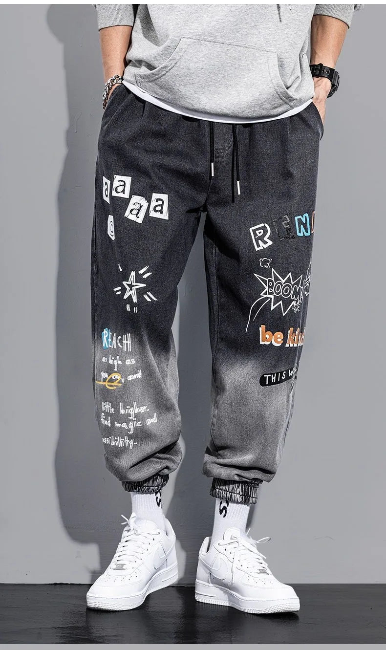 Graffiti Printing Jeans Men's Gradient Hip Hop Trousers Harem Cartoon Loose Casual Ankle Banded Pants Cargo Denim Jeans Fashion