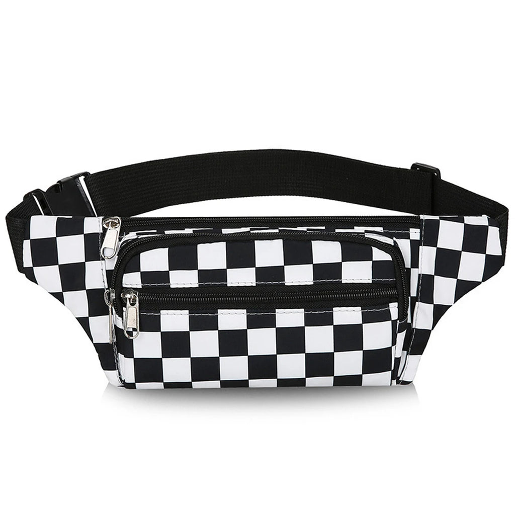 Large Capacity Waterproof Outdoor Sports Waist Bag Men's and Women's Black and White Plaid Mobile Phone Bag Student Waist Bag