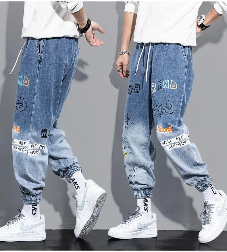 Graffiti Printing Jeans Men's Gradient Hip Hop Trousers Harem Cartoon Loose Casual Ankle Banded Pants Cargo Denim Jeans Fashion