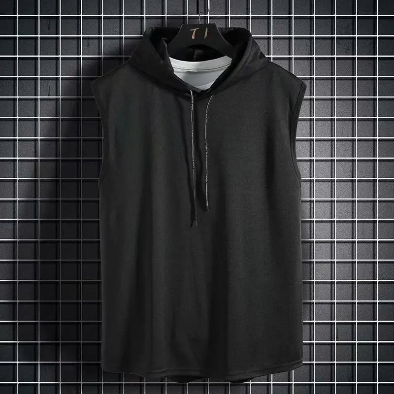 Men Tie Collar Hooded Sleeveless Vests Male Summer Loose Solid Hip Hop Tee Shirt Tops
