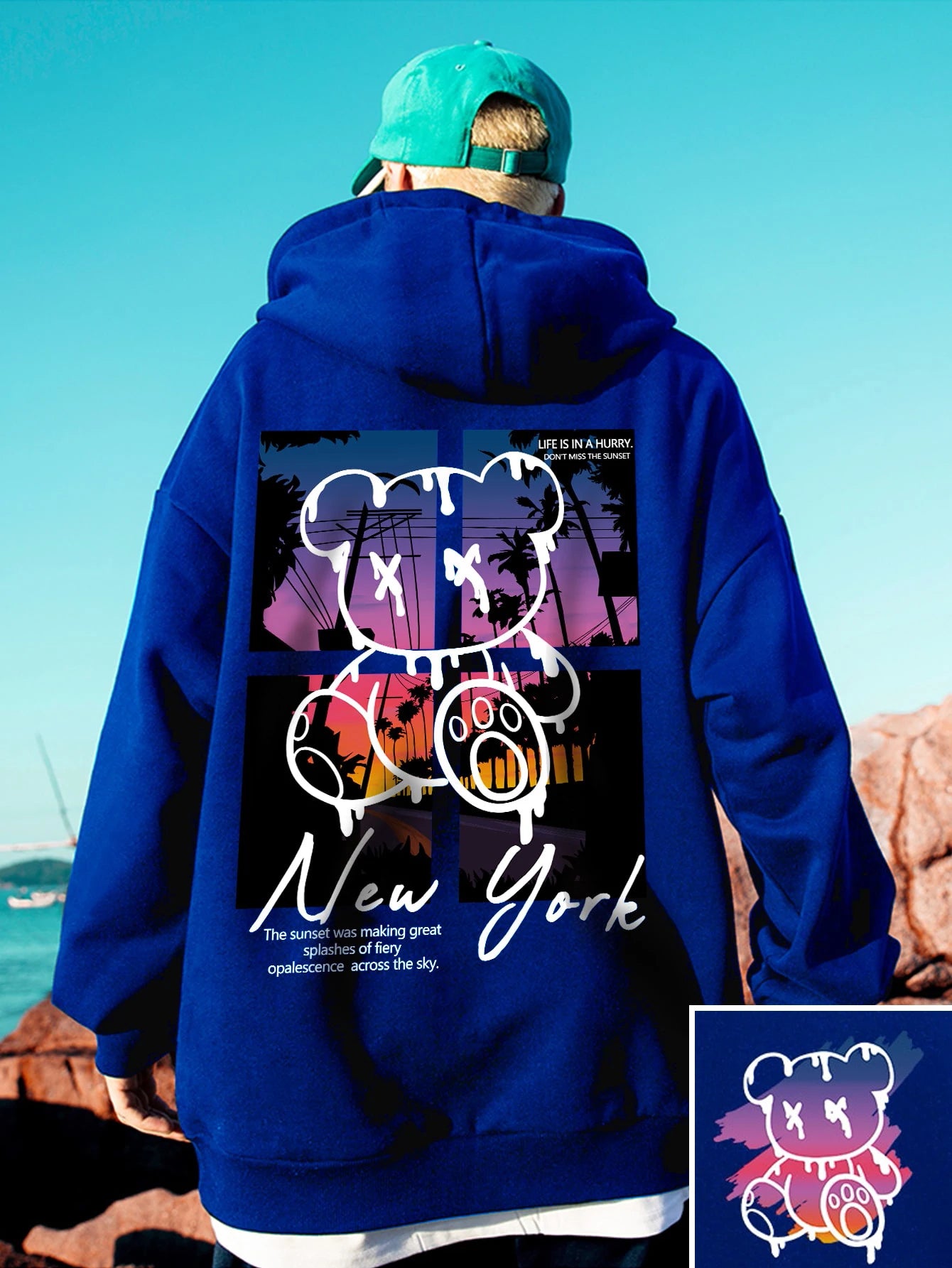 New York Art Word Cartoon Bear Sunset Scenery Design Male Clothing Hip Hop Street Hoodies All-Match Pocket Pullovers Men Hoody