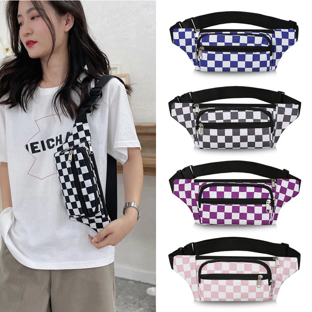 Large Capacity Waterproof Outdoor Sports Waist Bag Men's and Women's Black and White Plaid Mobile Phone Bag Student Waist Bag