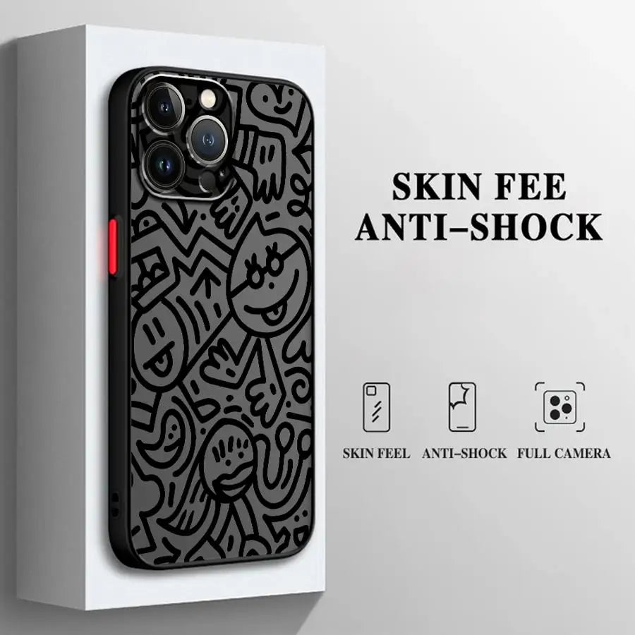 Luxury Black Graffiti Phone Case for iPhone 16 15 11 12 13 14 Pro Max 16 Plus 12 Mini 7 8 XS 15Pro Shockproof Matte Cover