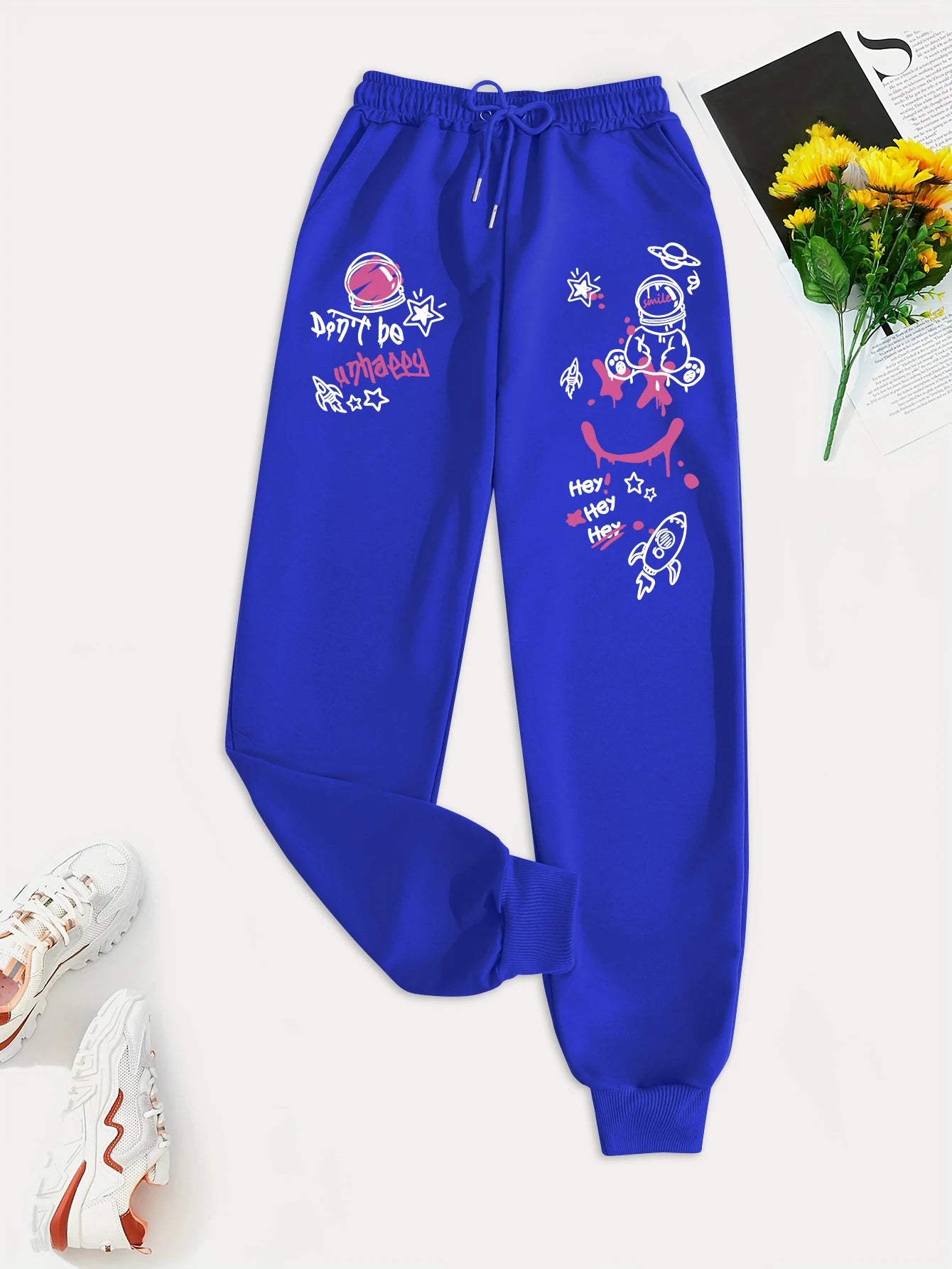 Women's Casual Graffiti Printed Sweatpants For Everyday Wear Versatile Pocket Drawstring Trendy Street Pant Female Autumn Winter
