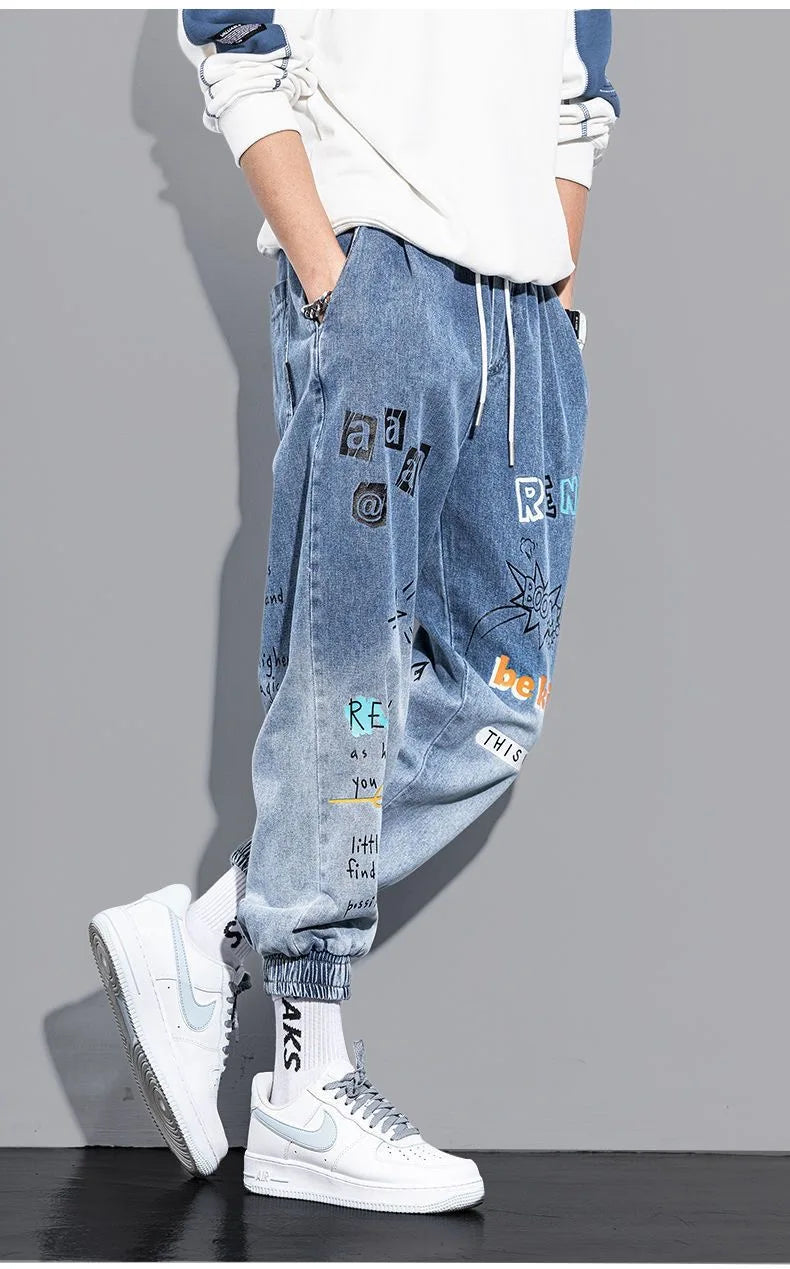 Graffiti Printing Jeans Men's Gradient Hip Hop Trousers Harem Cartoon Loose Casual Ankle Banded Pants Cargo Denim Jeans Fashion