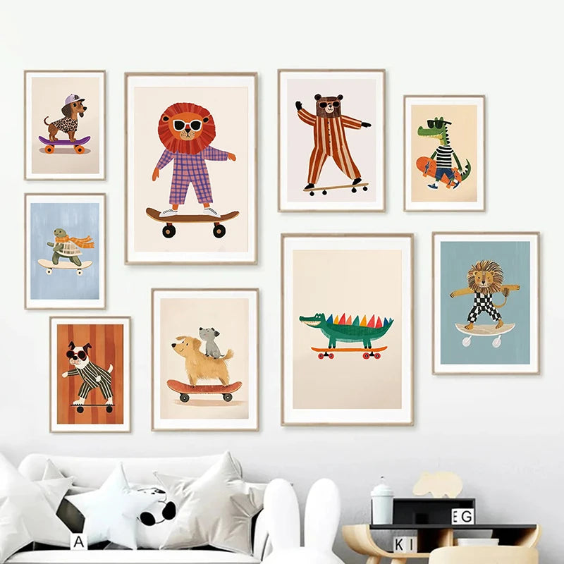 Funny Animals Rabbit Dog Bear Cat Lion Skateboard Posters Prints Crocodile Wall Art Canvas Nursery Pictures for Kids Room Decor