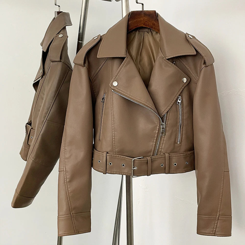 New Spring Woman Faux Leather Jacket Chic Vintage American street wear Short Lapel Zipper Belt Biker Coats Fashion Streetwear
