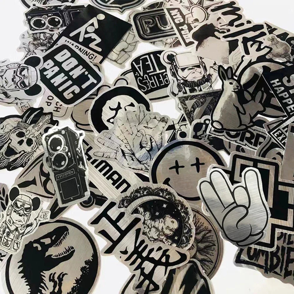 50/100PCS Imitating Metal Brand Logo Rock Band Stickers Kids Toys Phone Guitar Laptop Cool PVC Waterproof Graffiti Sticker