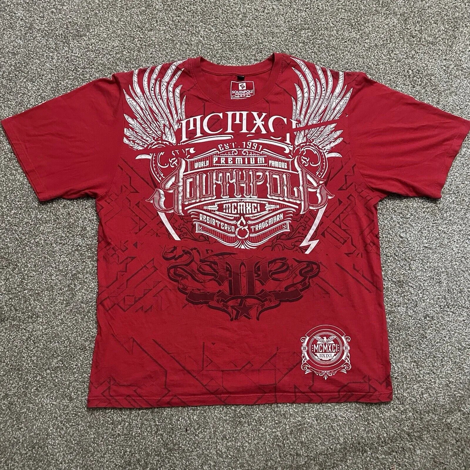 Red Southpole Graffiti T-Shirt Mens Urban Streetwear Art Bold Vintage Distressed Style Tops Hip-Hop American Women Casual Wear