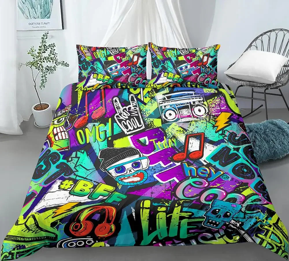 Hip Hop Decor Duvet Cover Colorful Bedspreads Cover Graffiti Pattern Street Culture Theme Decor Bedding Set for Adult Kids Teen