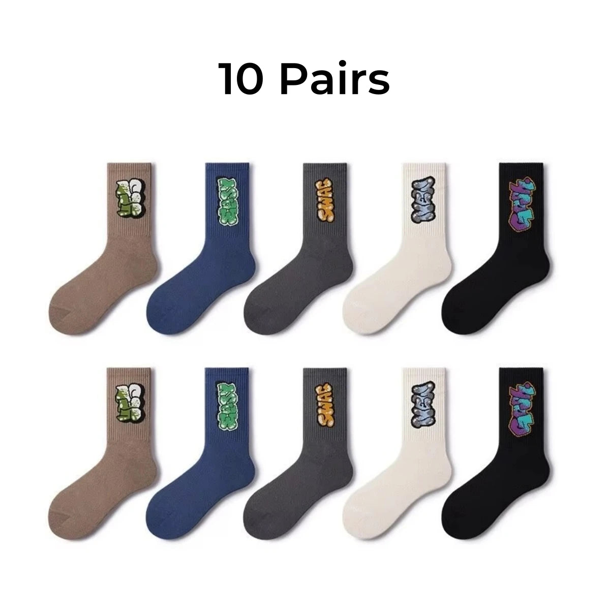 5/10 Pairs Men's Multicolour Crew Socks, Graffiti Lettering, Street Style, Unique, Comfortable, Breathable, Moisture-Wicking