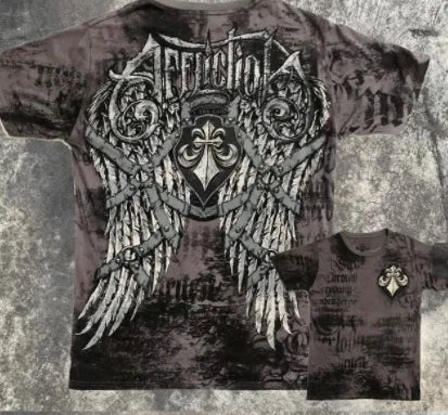 Hip Hop Multi-Element T-Shirt Mens American High Street Retro Loose Short-Sleeved Double-Sided Graffiti Printed Unisex Shirt