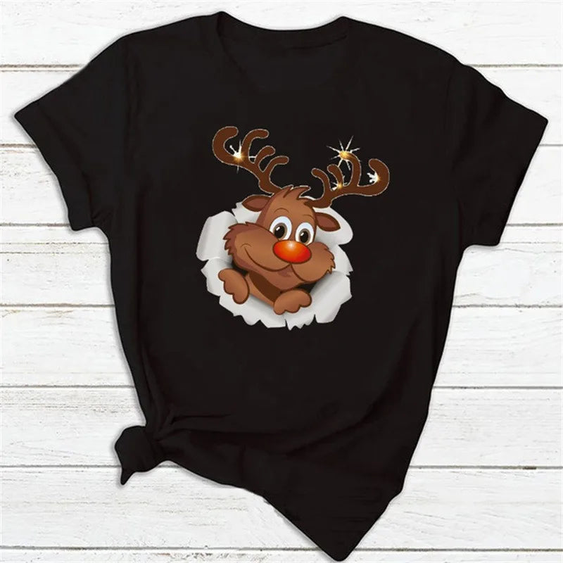 Christmas Theme Cartoon Graphic T Shirt Men Women Unisex Streetwear Cute Santa Claus Reindeer Print Casual Short Sleeve