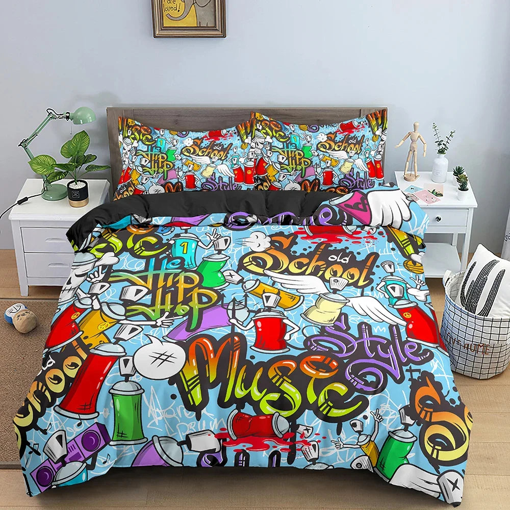 Hip Hop Decor Duvet Cover Colorful Bedspreads Cover Graffiti Pattern Street Culture Theme Decor Bedding Set for Adult Kids Teen