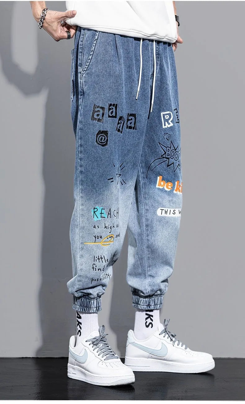 Graffiti Printing Jeans Men's Gradient Hip Hop Trousers Harem Cartoon Loose Casual Ankle Banded Pants Cargo Denim Jeans Fashion